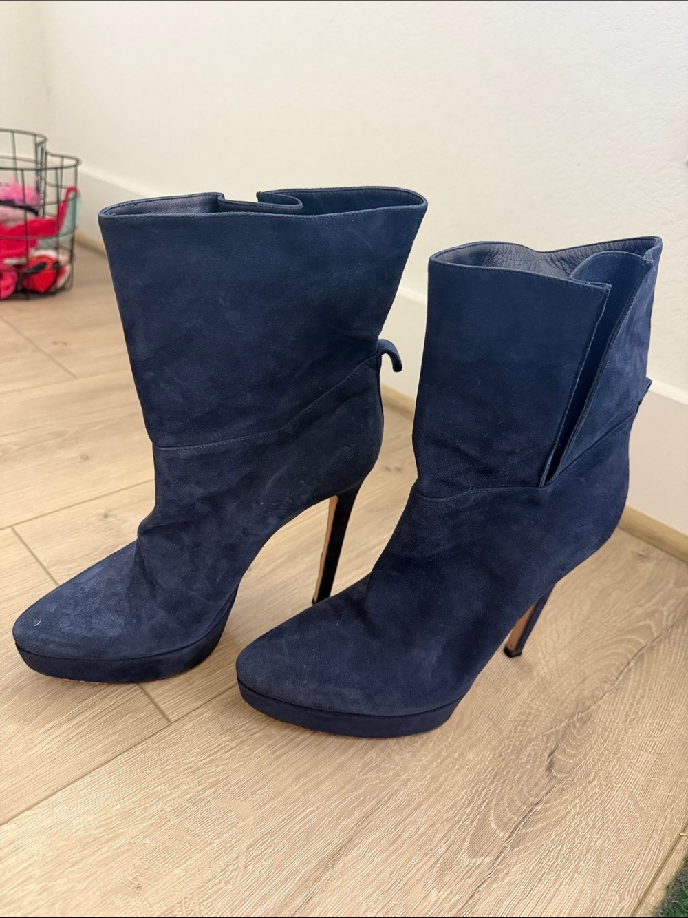 Navy Suede High-Heel Ankle Boots